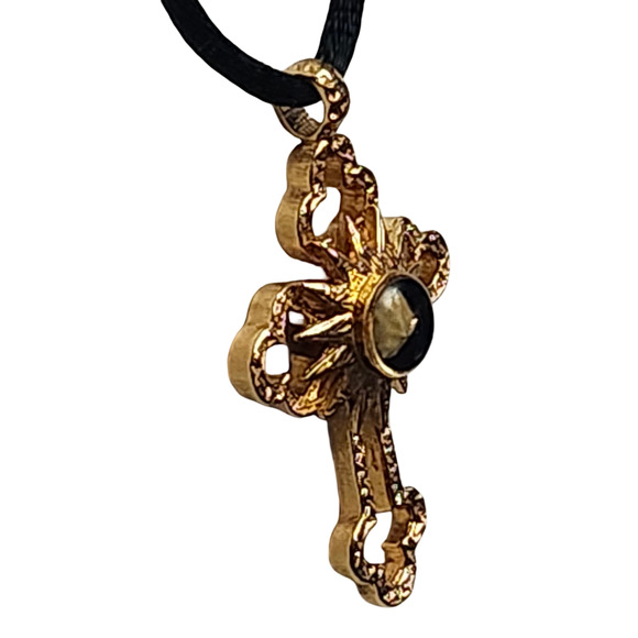 Vtg 1990s TMNS 14K GP Nativity Stone Relic Christian Cross Ornate Pendant - Picture 2 of 6